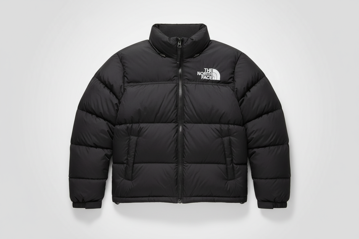 the north face puffer jacket in black with the logo in white 